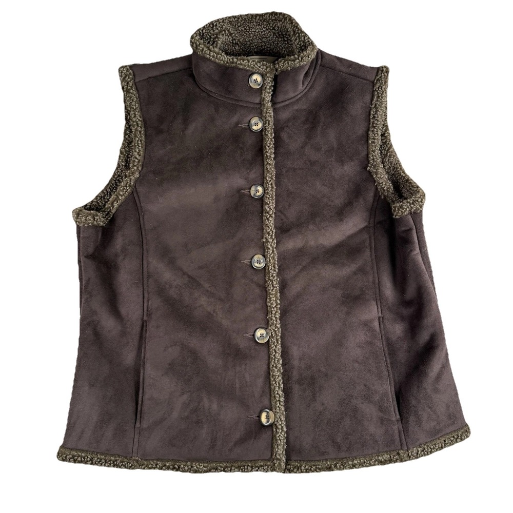 LL Bean Vest Womens XL‎ Brown Faux Suede Sherpa Lined Cabincore Gorpcore Pockets